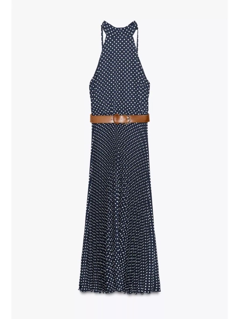ZARA Navy Polka Dot Halter Maxi Dress with Brown Belt - Picture 10 of 13